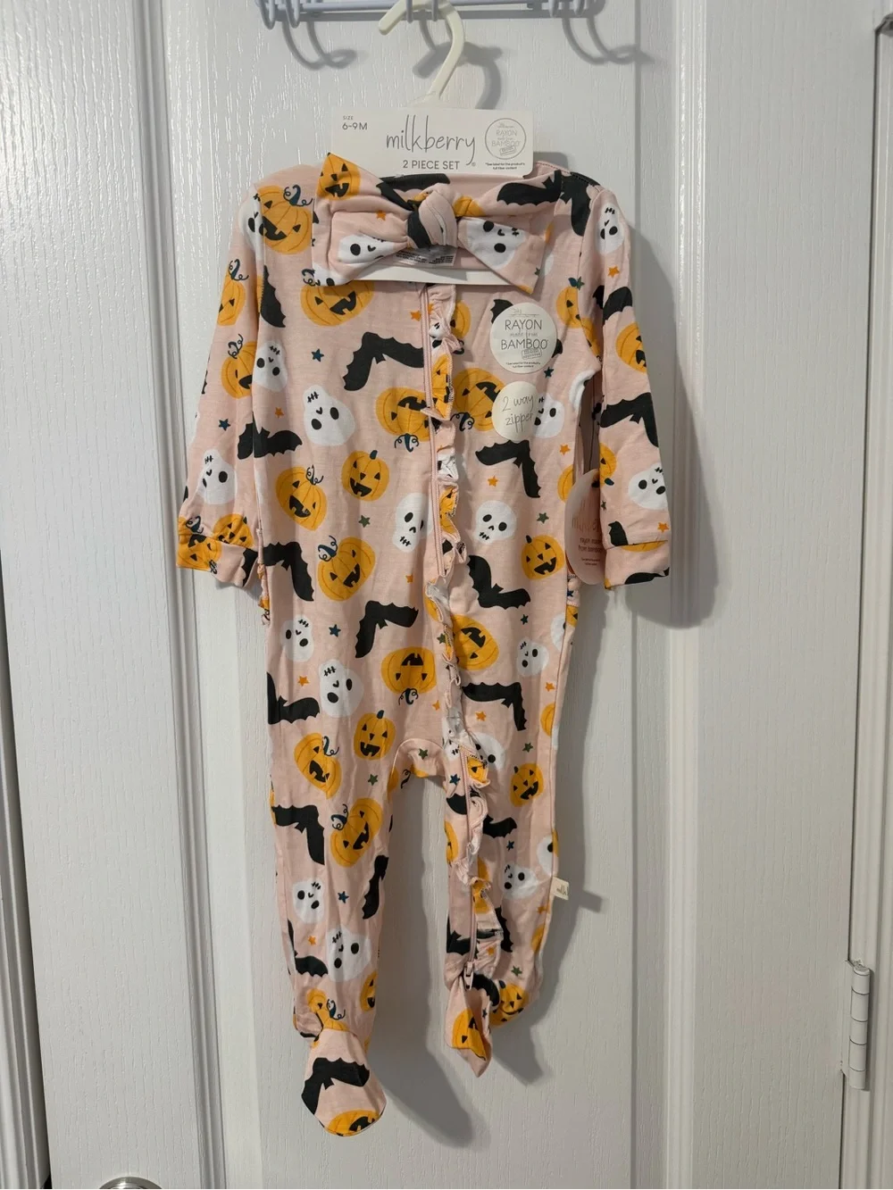 NWT! Milkberry Pink Bamboo Halloween Footie Pajamas & Bow Headband